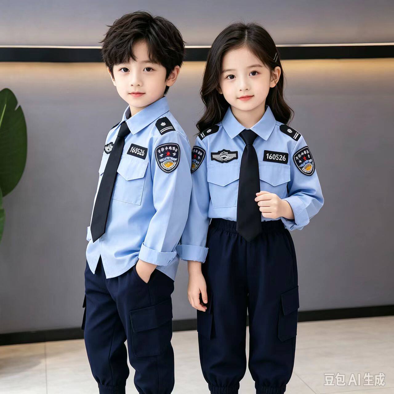 男童纯棉警服套装春秋款女童警官两件套中小童宝宝制服COS演出服