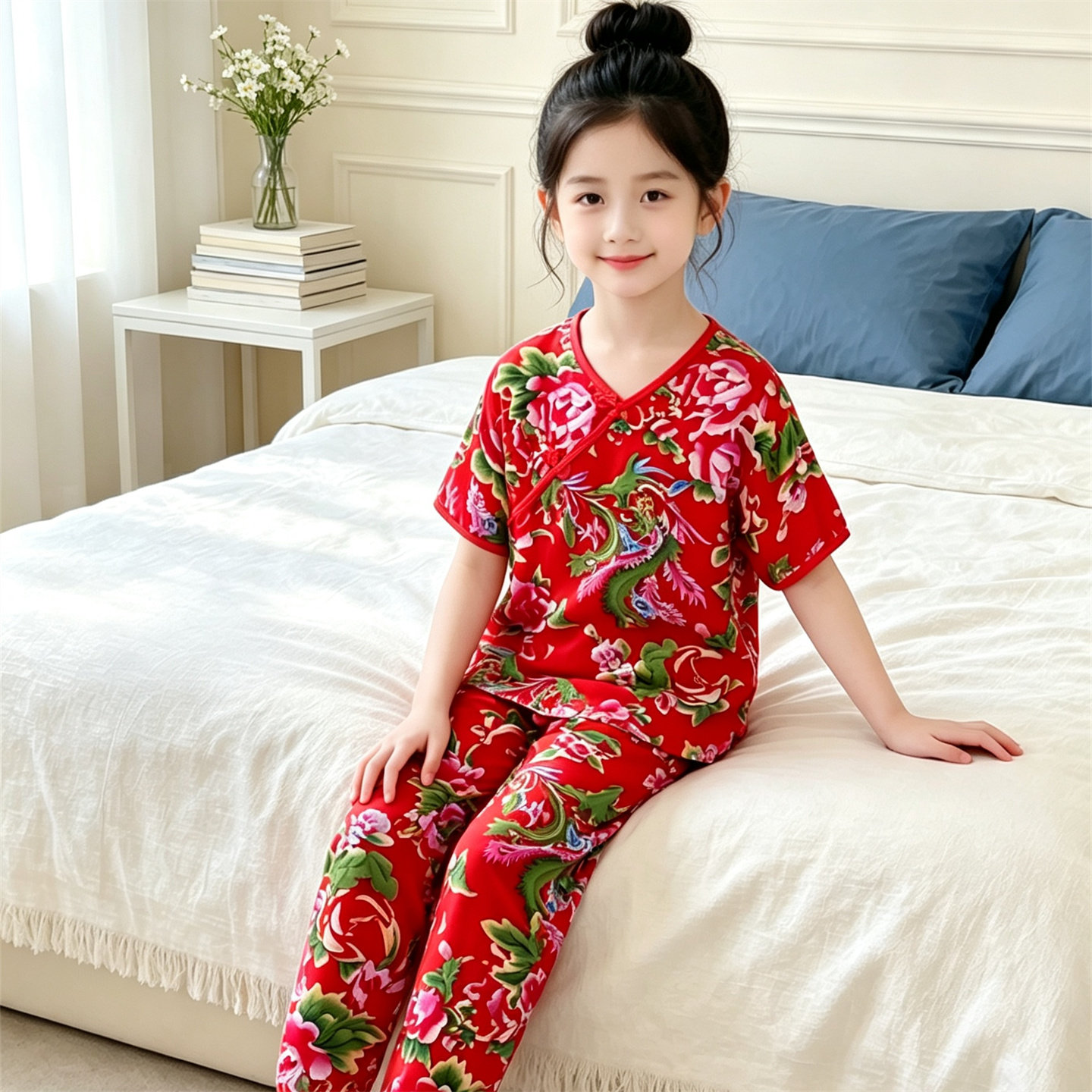 女童短袖睡衣春秋新款儿童棉稠家居服套装东北大花休闲两件套衣服