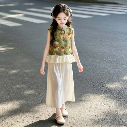 女童国风演出套装夏季新中式表演服两件套唐装汉服端午节纳福衣服