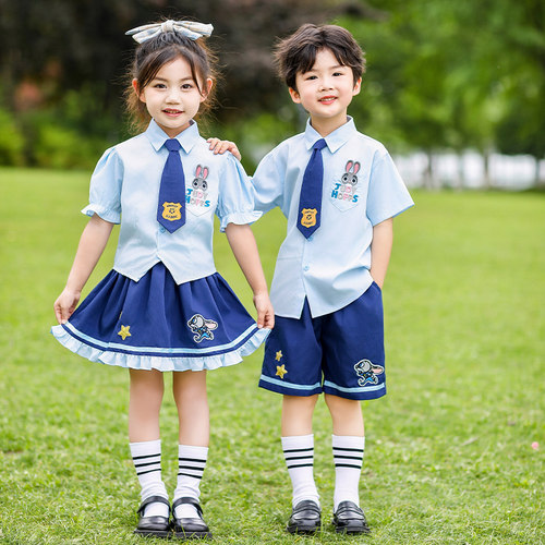 六一儿童兔子警官演出服夏季男童短袖衬衫女童jk百褶裙学院风套装