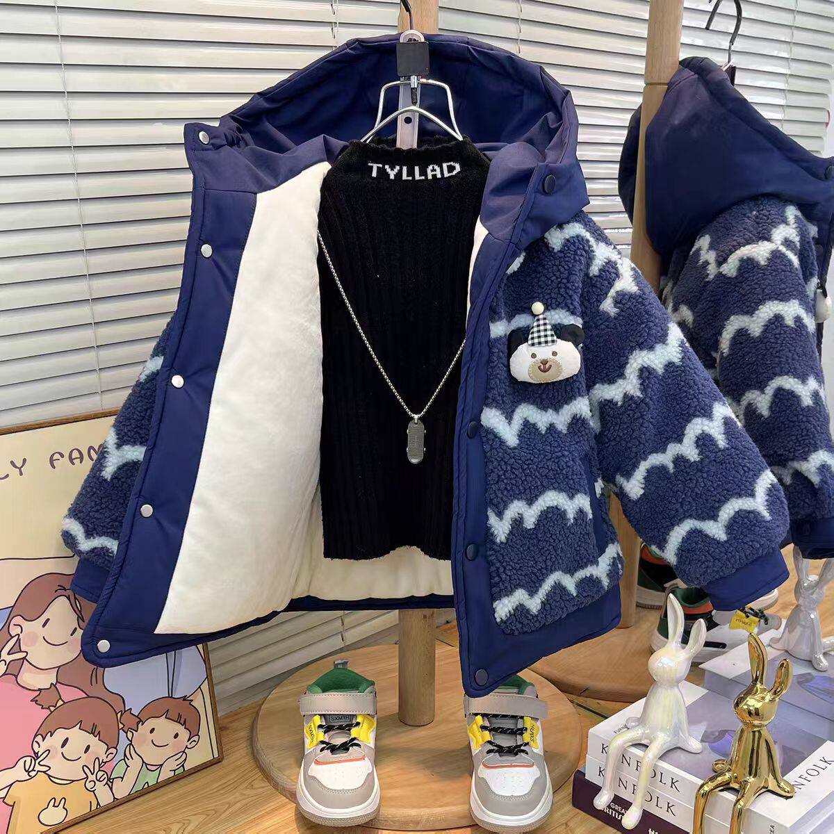 男童毛毛衣冬季新款儿童加绒加厚棉衣外套中小童男孩连帽棉服棉袄