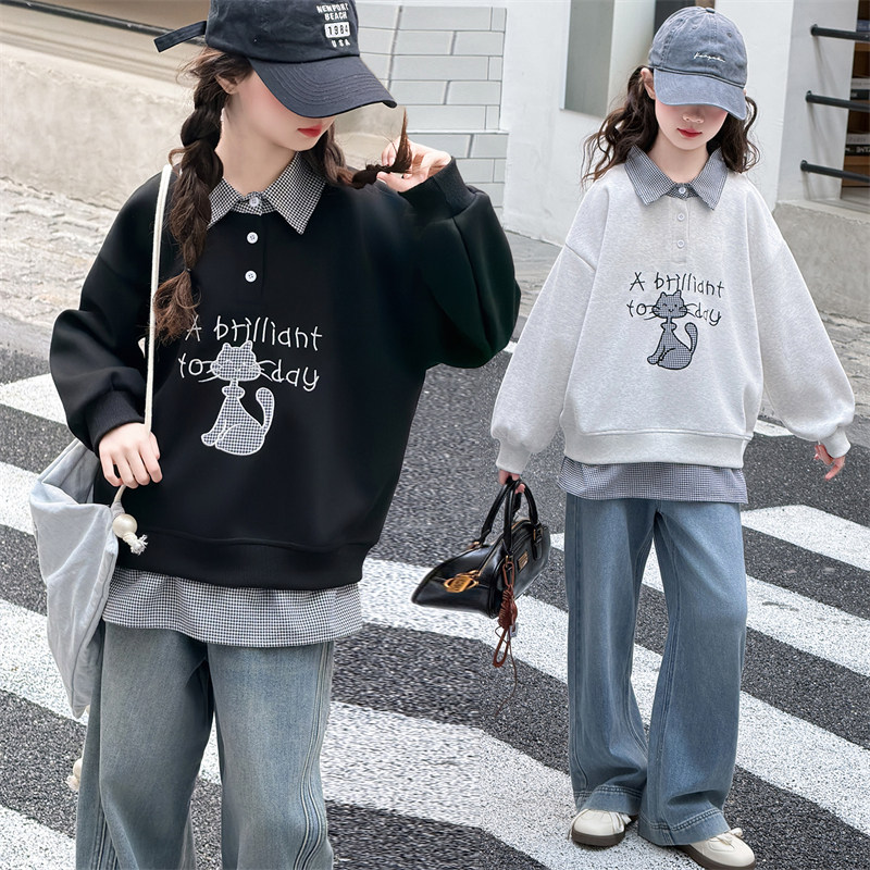 女童春秋新款假两件Polo领卫衣