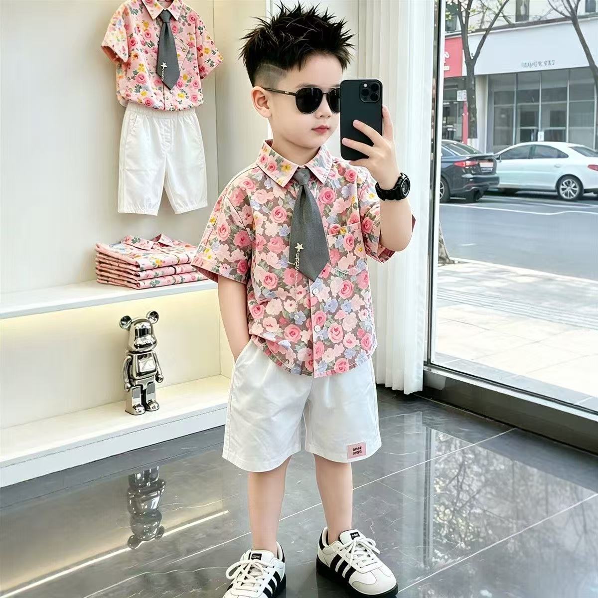 男童夏季花衬衫套装表演服儿童校服男孩演出服学院风JK制服毕业照