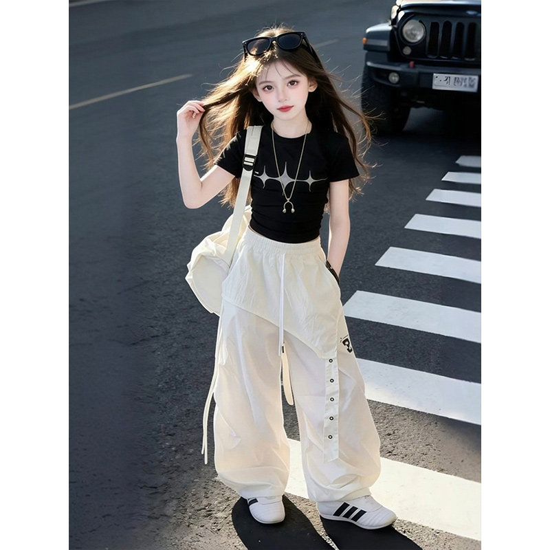 女童短袖工装裤套装夏季新款女孩嘻哈街舞潮牌爵士舞服儿童演出服