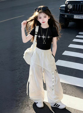 女童短袖工装裤套装夏季新款女孩嘻哈街舞潮牌爵士舞服儿童演出服