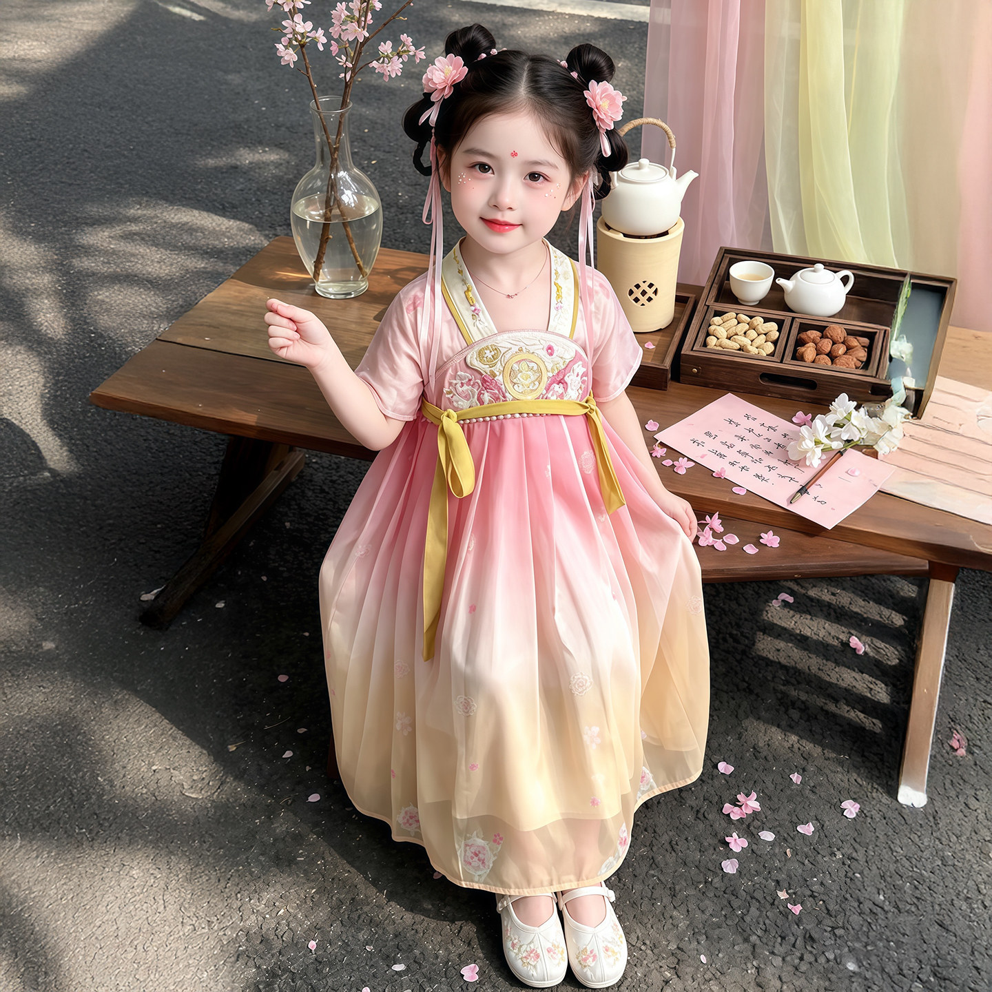 女童汉服连衣裙2026夏款女孩古装甜美公主裙女小童国风裙子演出服