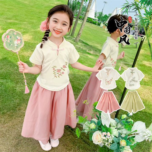 女童新中式唐装汉服夏季套装女孩中国风古装两件套六一儿童表演服