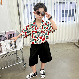 儿童花衬衫男童套装2024夏季新款中小童春游休闲装男孩港风上衣潮