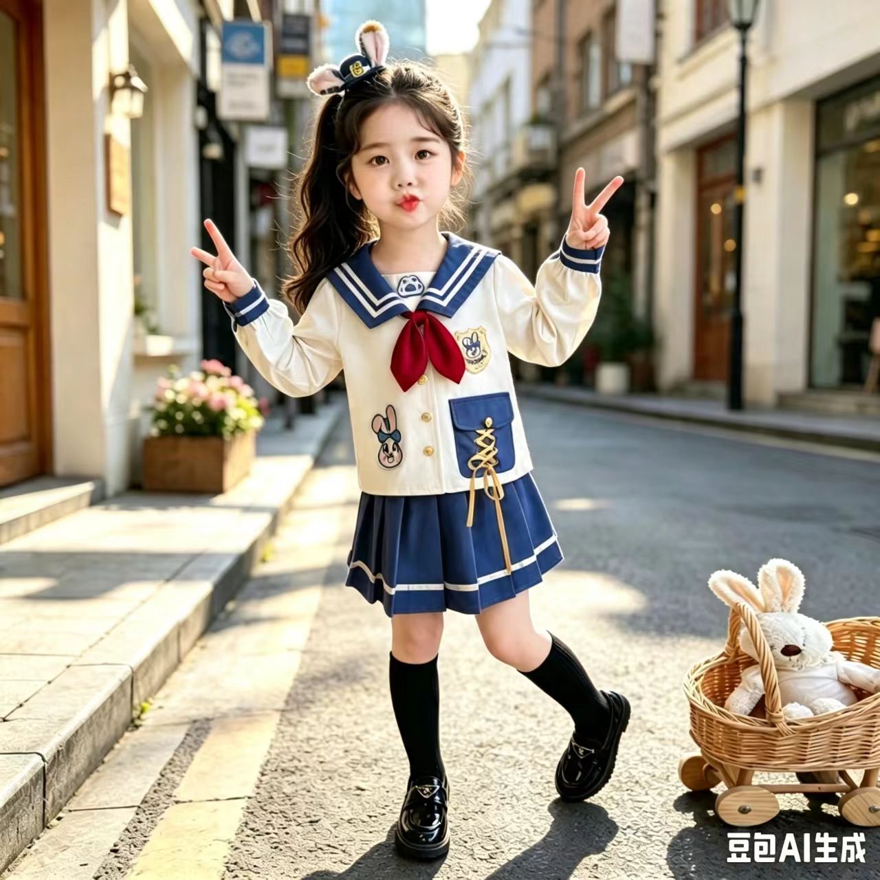 女孩朱迪套装裙春秋新款儿童尼克服学院风海军领上衣裙子两件套潮