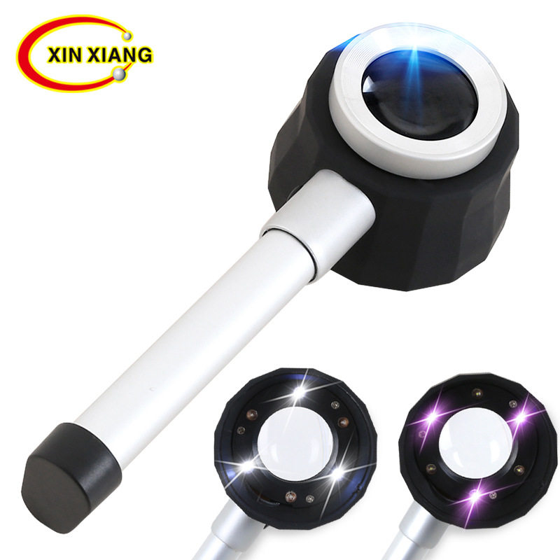 手持式45倍勺子型烟斗六个LED验钞灯金属放大镜 刻度测量鉴定古