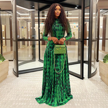 African Print Maxi Dress Abstract Pattern Green Long Sleeve
