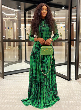African Print Maxi Dress Abstract Pattern Green Long Sleeve