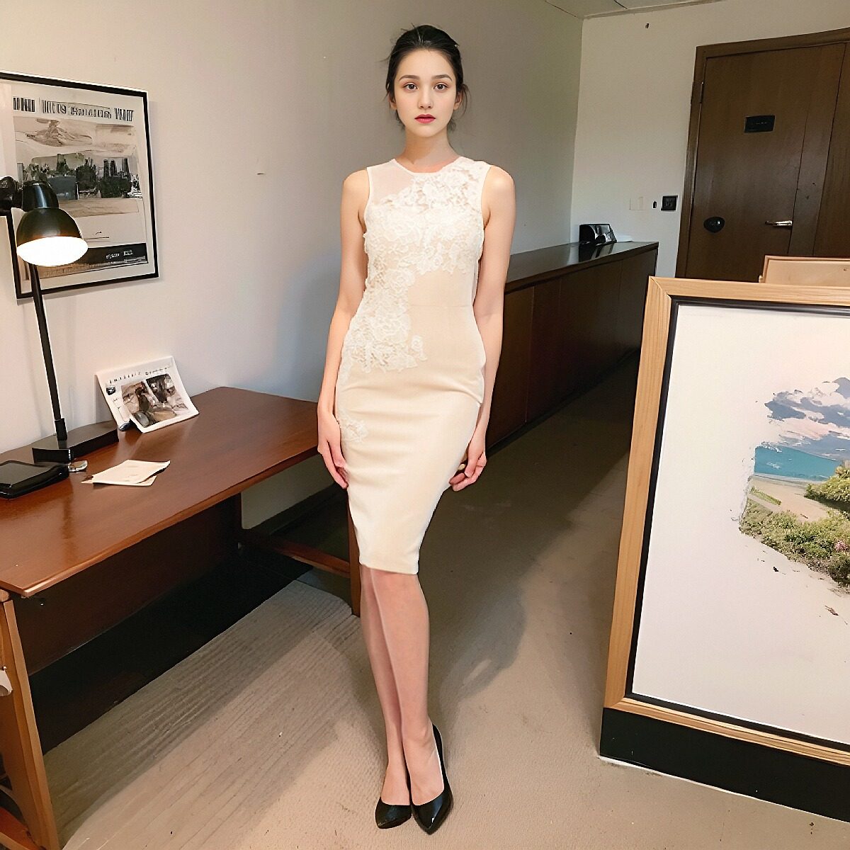 清仓 浅色通勤连衣裙 蕾丝贴花裙子 职业装 收腰显瘦显气质 Dress