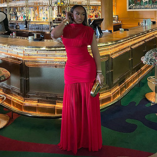 Spring Ruched Mesh Maxi Dress Elegant Bodycon Party Gown Red