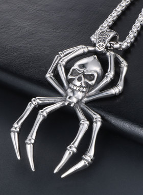 AH7钛钢朋克暗黑系骷髅头蜘蛛项链潮流帅气男士厚重不掉色项饰品
