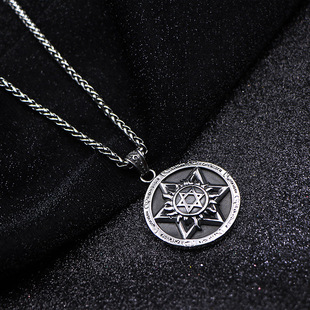 AH7钛钢复古浮雕火焰六芒星项链吊坠 潮男士炫酷个性六角星毛衣链
