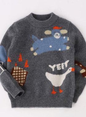 洪叶云台100%山羊绒儿童羊绒衫男款女童毛衣冬季中小宝宝卡通加厚