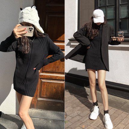 [yeren3]黑色中长款显瘦毛衣裙修身针织连衣裙女小个子短款