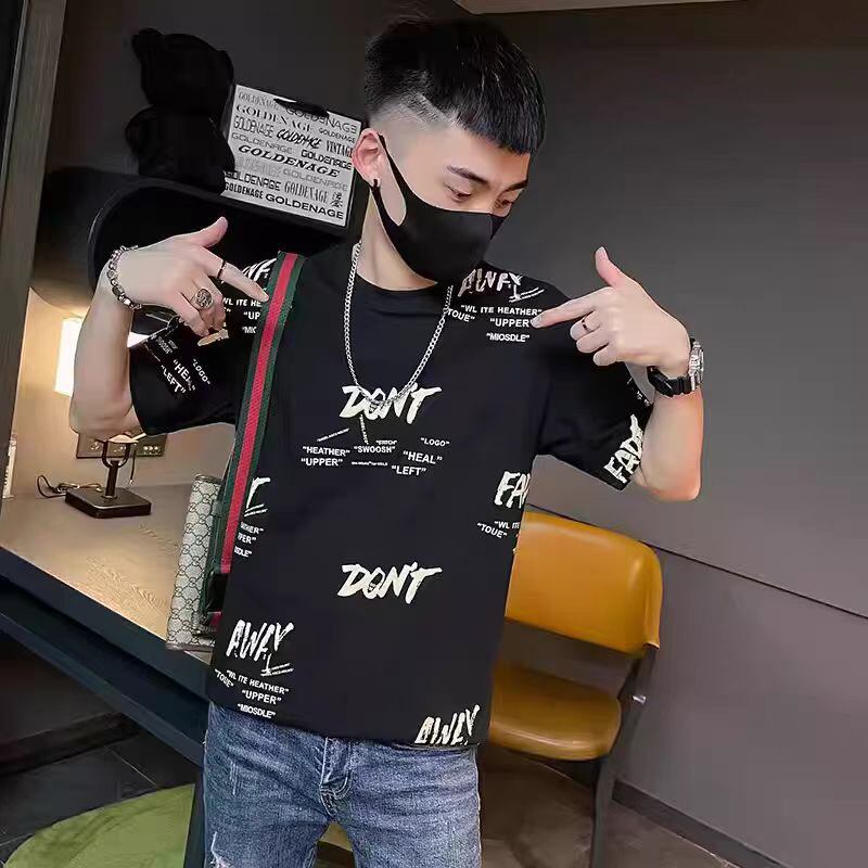 男士夏季时尚帅气印花体恤衫韩版半袖宽松上衣服潮流休闲运动短袖