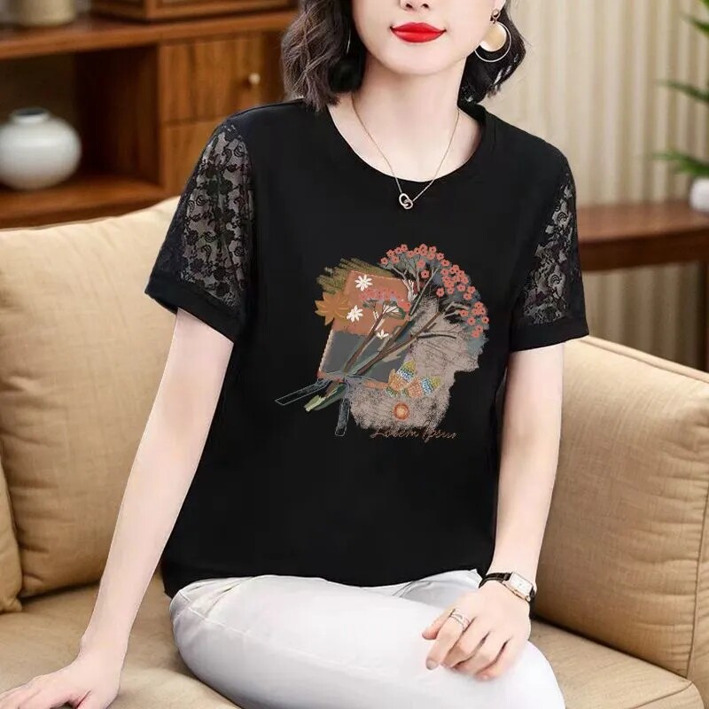 黑色蕾丝网纱短袖T恤女夏季新款大码时尚气质打底衫洋气妈妈上衣