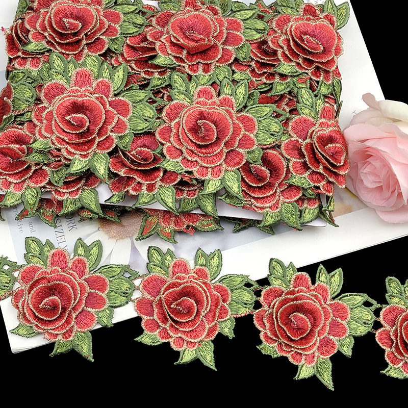 新款7个色彩色刺绣水溶花边双层盘花玫瑰婚纱童装辅料车缝花边8c