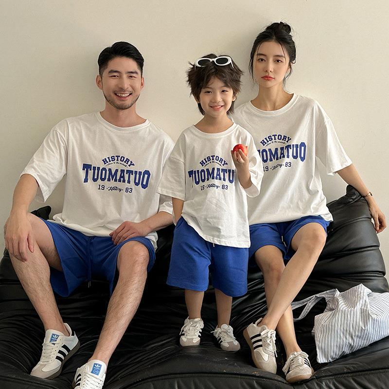 亲子装一家三四口2025新款潮全家服母女母子韩系夏季T恤短裤套装