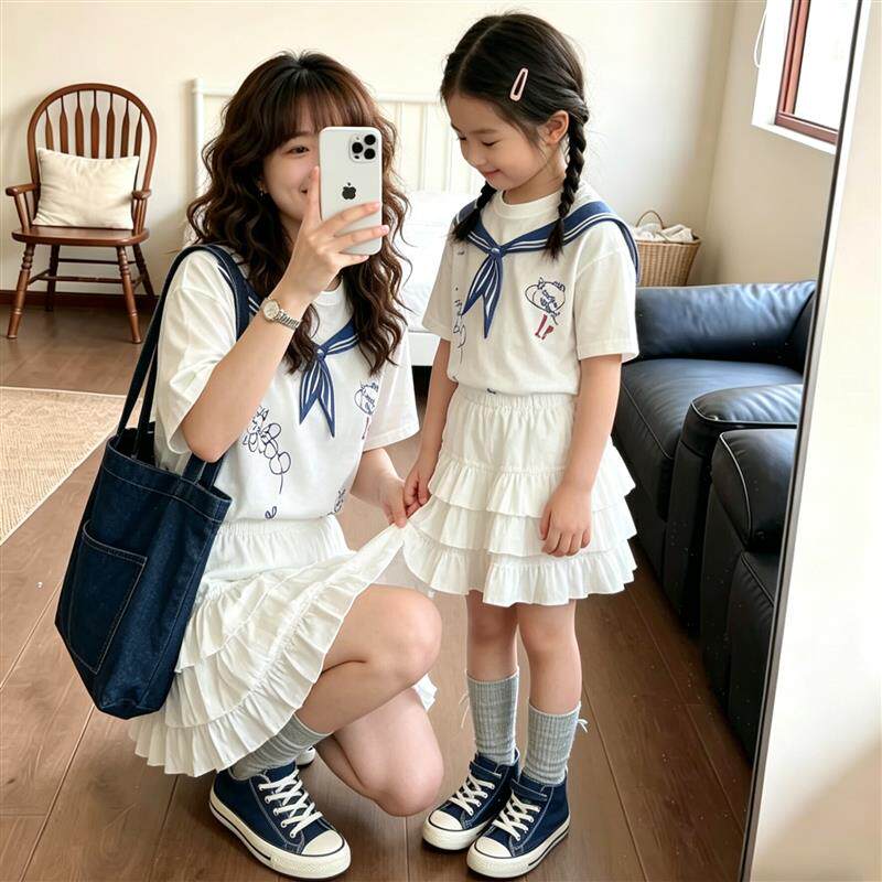夏季日韩学院风纯棉水手母女T恤亲子装/亲子时装