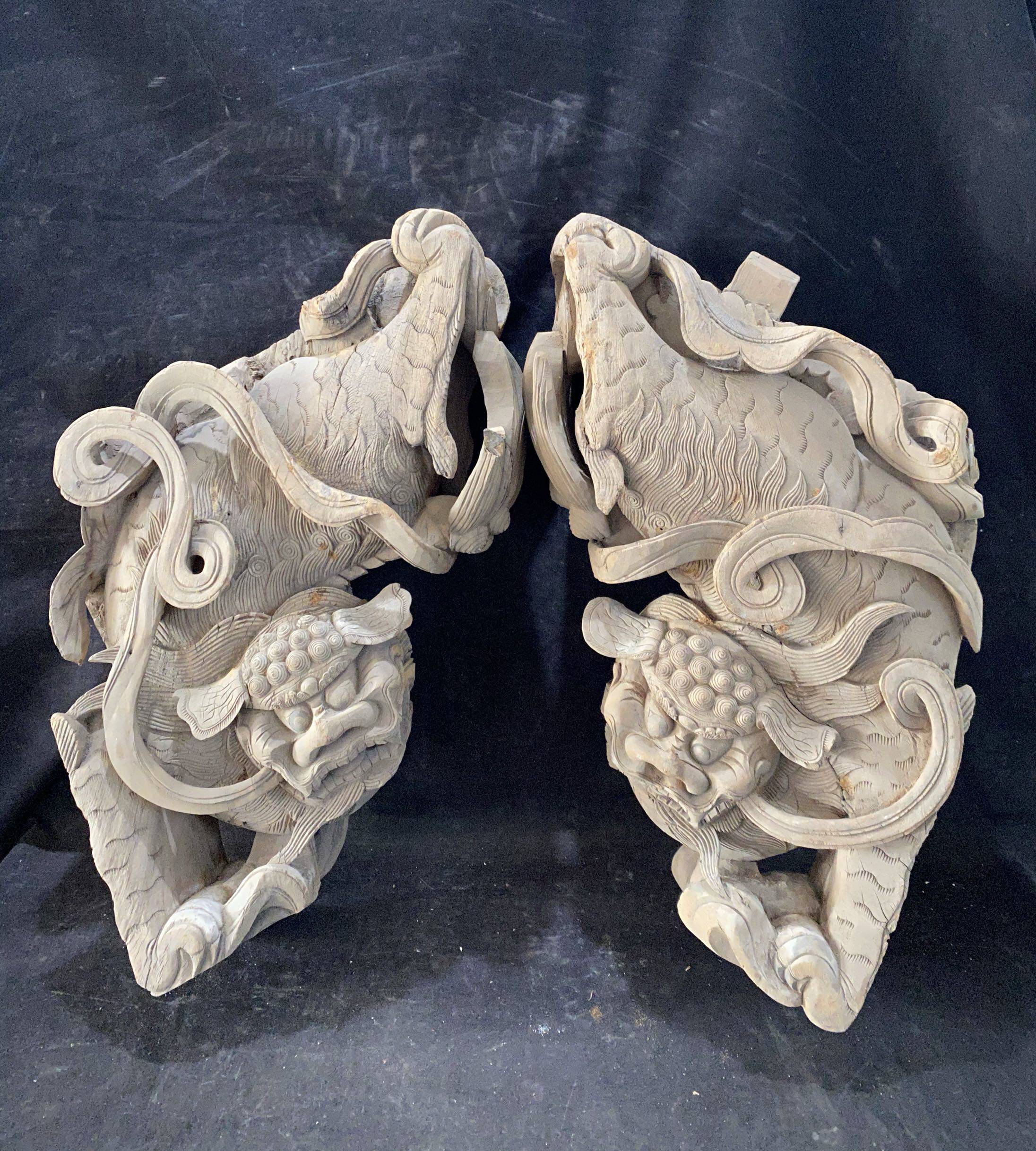 清代狮子木雕牛腿一对 老物件老古玩古董收藏摆件摆设会所