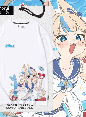噶呜古拉GawrGura二次元Saba猫鲨Vtuber短袖t恤衫男女学生半袖体