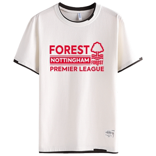 诺丁汉森林队服假两件短袖t恤衫男女创意缺口拼接半截袖足球迷服