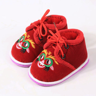 宝宝秋冬加厚虎头鞋 百天防滑学步棉靴 加绒软底灯芯绒手工老虎棉鞋