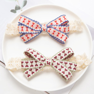 新生婴儿发带韩版 绣花蝴蝶结发带弹力不勒头女宝宝发箍护卤门头带