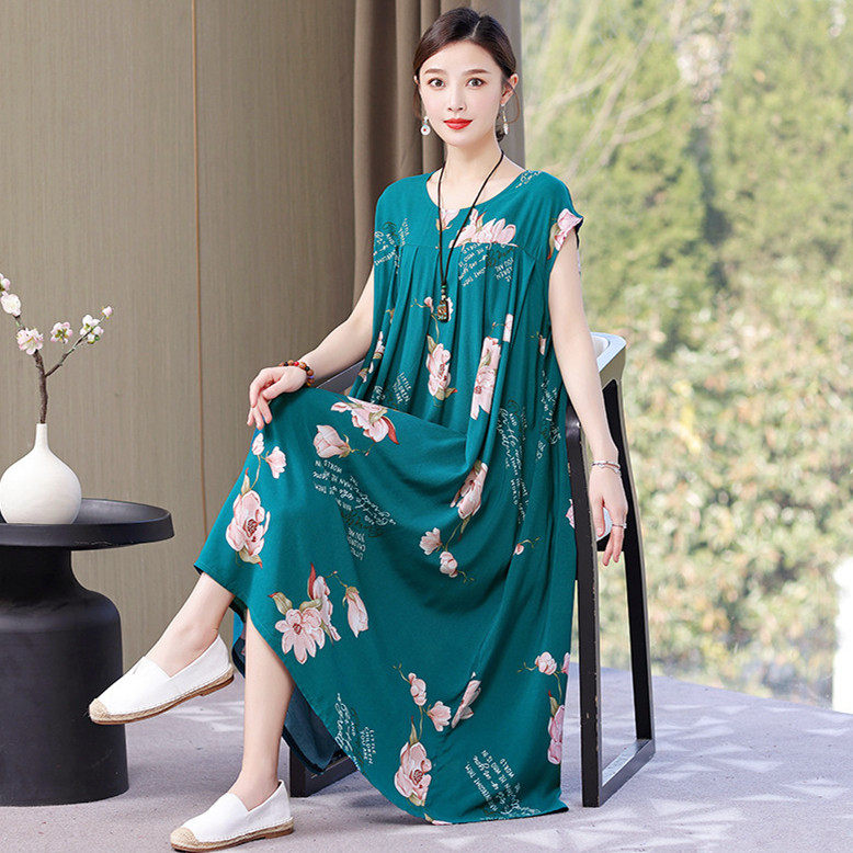 夏季女士棉绸特大码睡裙人造棉中老年人妈妈休闲薄绵绸家居裙长裙