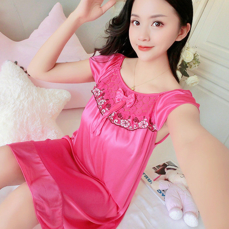 夏季女冰丝睡裙短袖性感妩媚睡衣微透明诱惑丝绸蕾丝花边丝滑女人