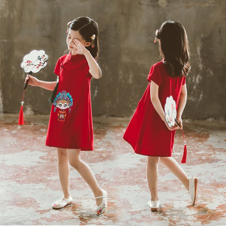 2025新款女童儿童改良旗袍连衣裙夏大童小女孩中式国风红色薄汉服