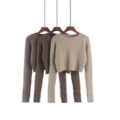 麻花毛衣2025秋季 新款 复古圆领宽松套头针织衫 高腰超短款 长袖 上衣