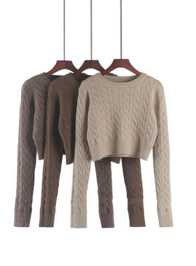 高腰超短款麻花毛衣2025秋季新款复古圆领宽松套头针织衫长袖上衣