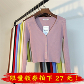 针织衫 长袖 女装 开衫 显瘦高腰女小外套 春季 披肩修身 V领坑条纹短款