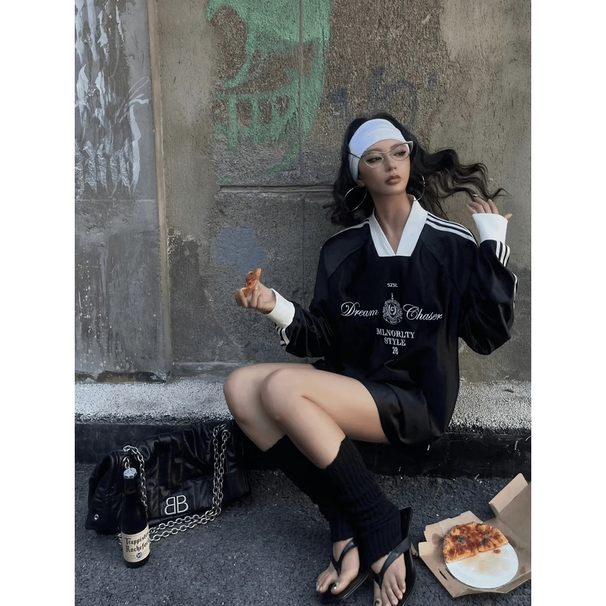 美式宽松印花V领卫衣女长袖球衣