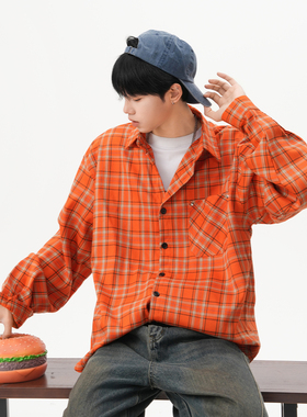 美式橙色格纹长袖衬衫男女春季宽松多巴胺情侣衬衣百搭休闲外套