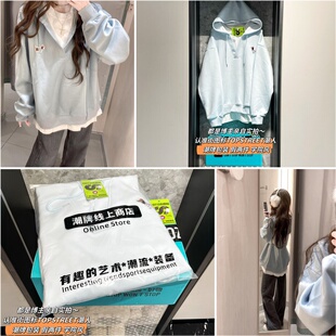 潮牌包装雾霾篮小狗假两件连帽卫衣秋冬宽松慵懒风设计感休闲上衣