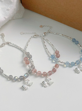 S925纯银蝴蝶结手链女 草莓晶海蓝宝灰月光小众甜美手饰