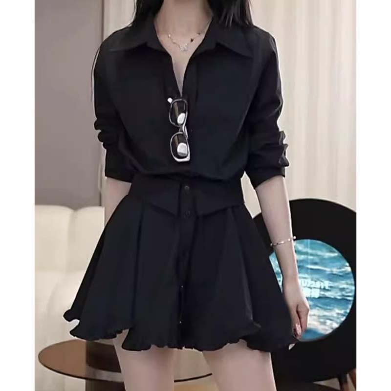 2025早秋时尚气质设计感假两件衬衫裙荷叶边连衣裙D3442