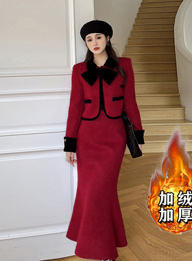 新款法式富家千金红色小香风套装裙2025冬季高级小洋装两件套6416
