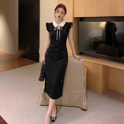 2026夏季新款女法式娃娃领裙子设计感蝴蝶结波点收腰连衣裙D5794