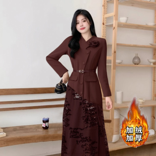 加绒加厚高端精致气质裙子2026春名媛高级感收腰连衣裙女2681