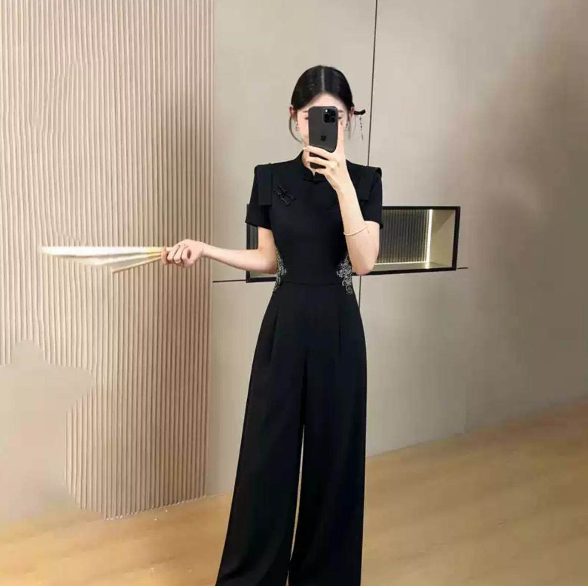 2026夏季新款女高级感职业装收腰连体裤新中式国风连体衣D6009