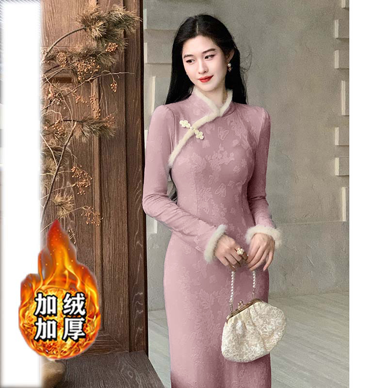 加绒加厚紫色新中式改良旗袍女2025秋冬装元旦圣诞连衣裙D4302