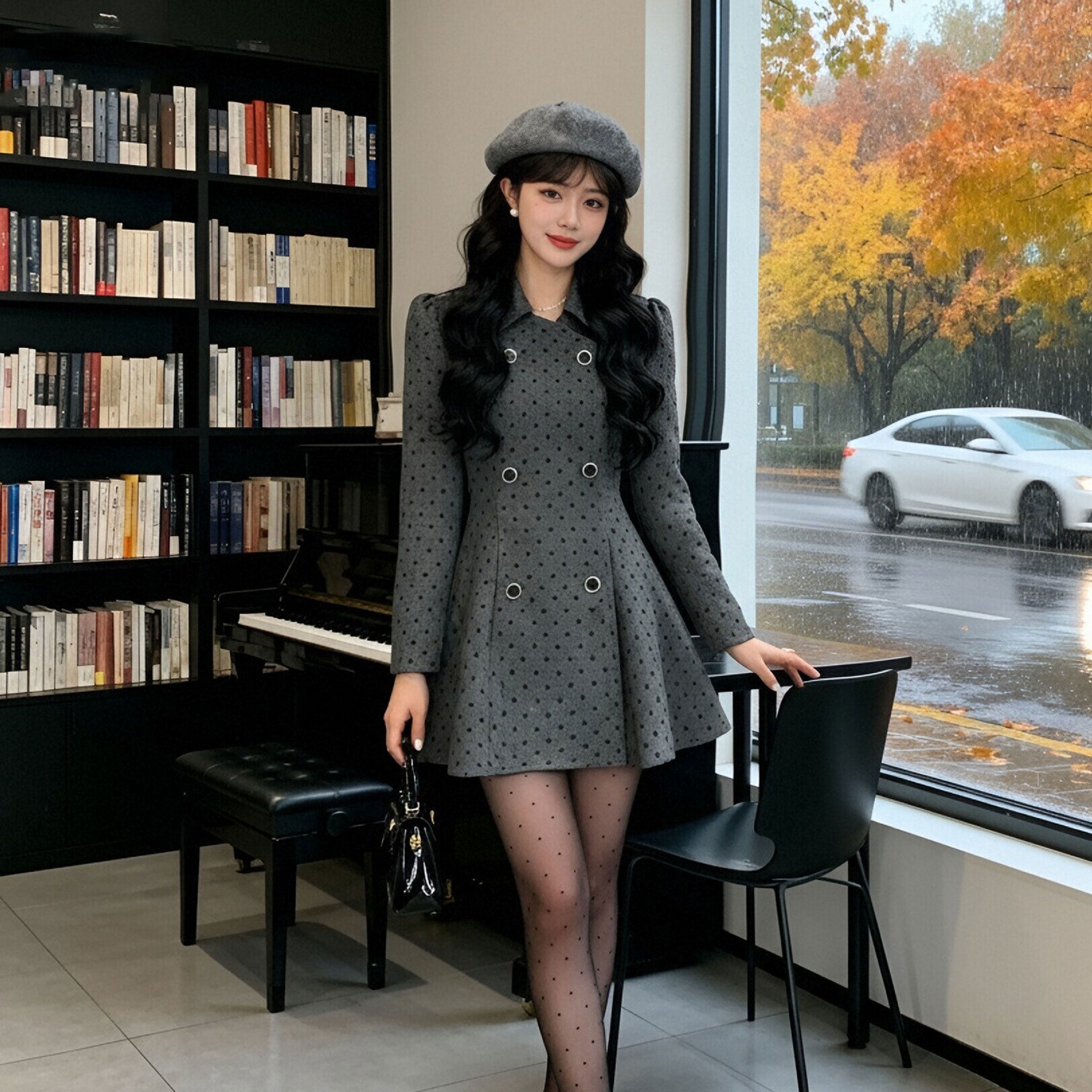 无拉链有里布黑色波点中长收腰毛呢大衣女2026秋冬法式外套QY0106