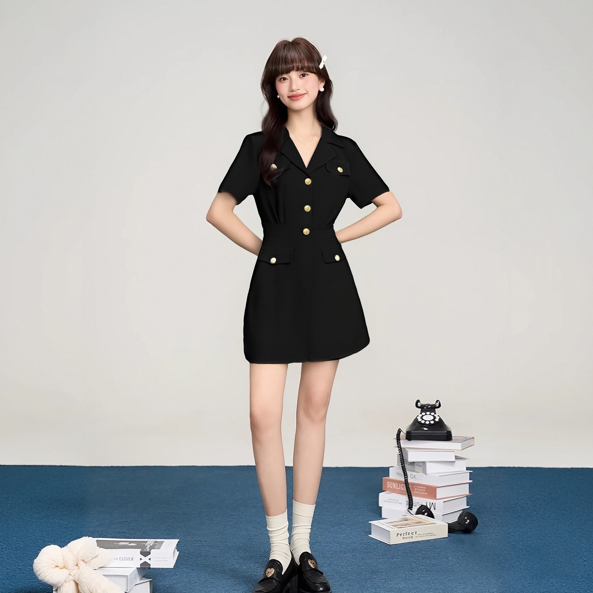 有里布法式设计感单排扣西装领短袖连衣裙夏季新款小黑裙D1693B